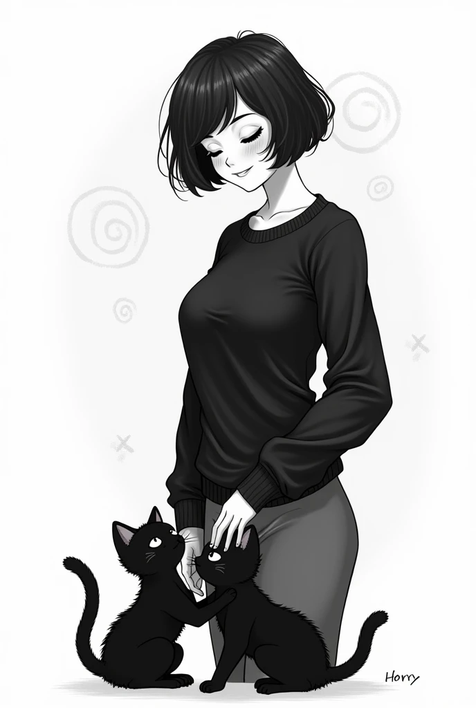 black and white drawing of a tall woman, dressed in a black sweater, short black hair, looking tenderly, smiling at two black kittens who look at her.