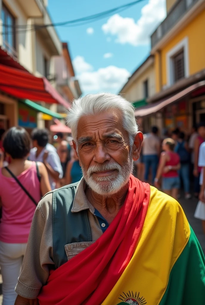 An elderly person in the city of Santa Cruz holding a red, yellow and green Bolivian flag in his hands, proud to be Bolivian
