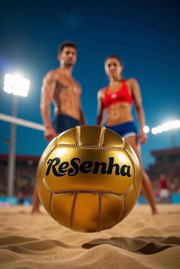 Beach volleyball. The ball is in front, normal people, man and woman behind. The players are at the Olympics. It's night and they're in uniform, bermuda shorts and tank top, the brand of the ball is Resenha. The image focuses on the ball and the Resenha brand.. Review is written in metallic gold. I need more highlight for the ball.