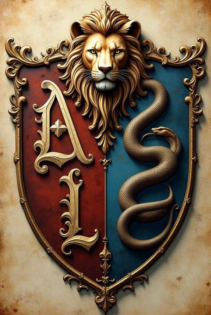 A coat of arms in the shape of a shield divided into four parts,on one side a lion frequently used in coats of arms,on the other side a letter L in gothic font,below the lion ,a letter A in gothic font,on the other part of the shield a snake in the same style as the lion 
