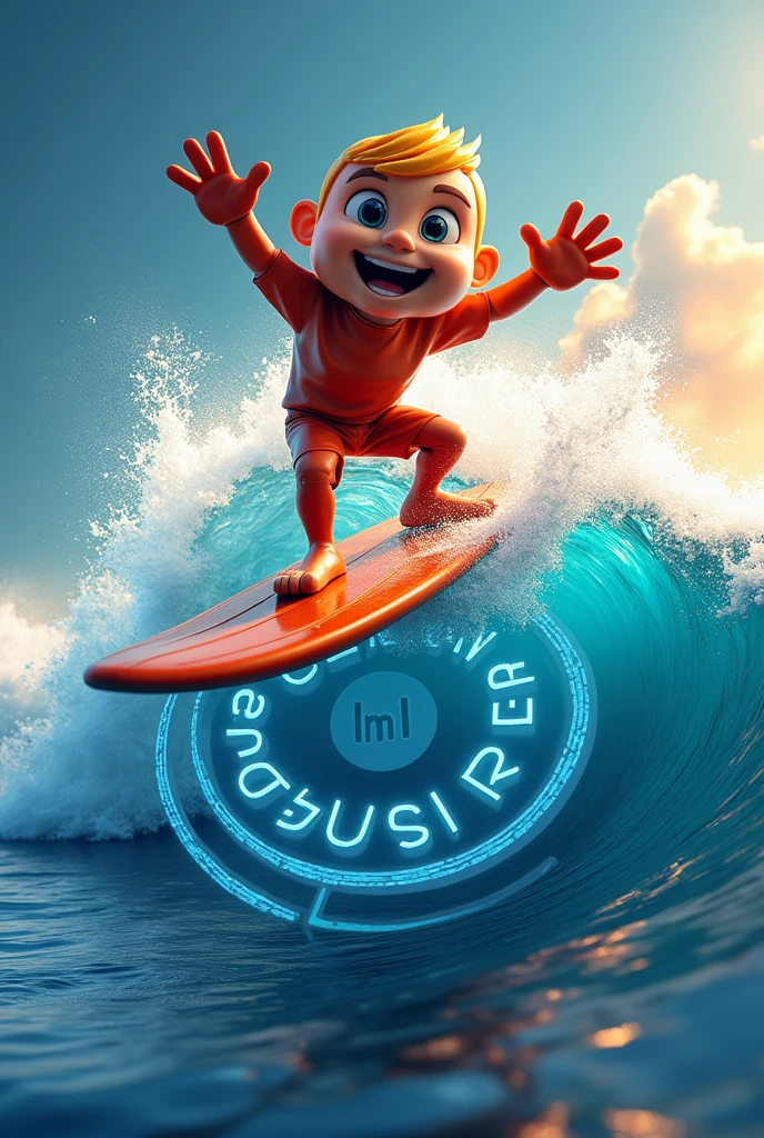 a surfer mascot surfing on a circular logo, "SEASSSURFER" text in the middle, modern, stunning, elegant, studio lighting, studio photography, super realistic, ultra detailed, 8k, high resolution, cinematic, dynamic composition, vibrant colors, intricate details, smooth textures, advanced 3D rendering, photorealistic, professional digital art