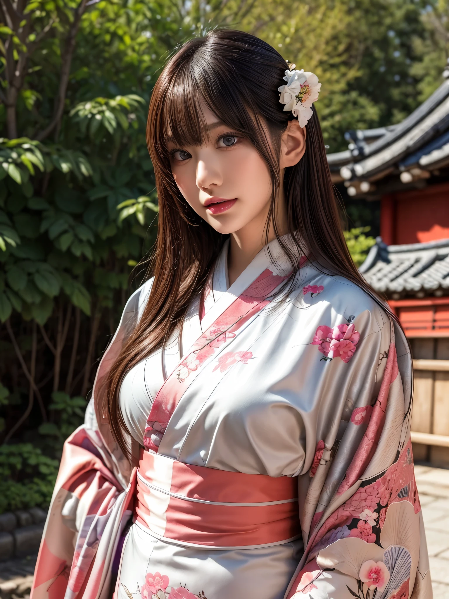 (masterpiece, Highest quality, Realistic, High resolution, photograph, :1.3), Sharp focus, 1 Cute Japanese, Hot Model, Highly detailed eyes and pupils, Realistic Skin, Highly detailed hair, Delicate face, Sensual look, Bright lips, Natural Lip, ((whole bodyショット)), Standing pose, smile, (kimono:1.5), (Floral), ((sash)), ((heart)), outside of home, (Japanese Style Country), whole body,
