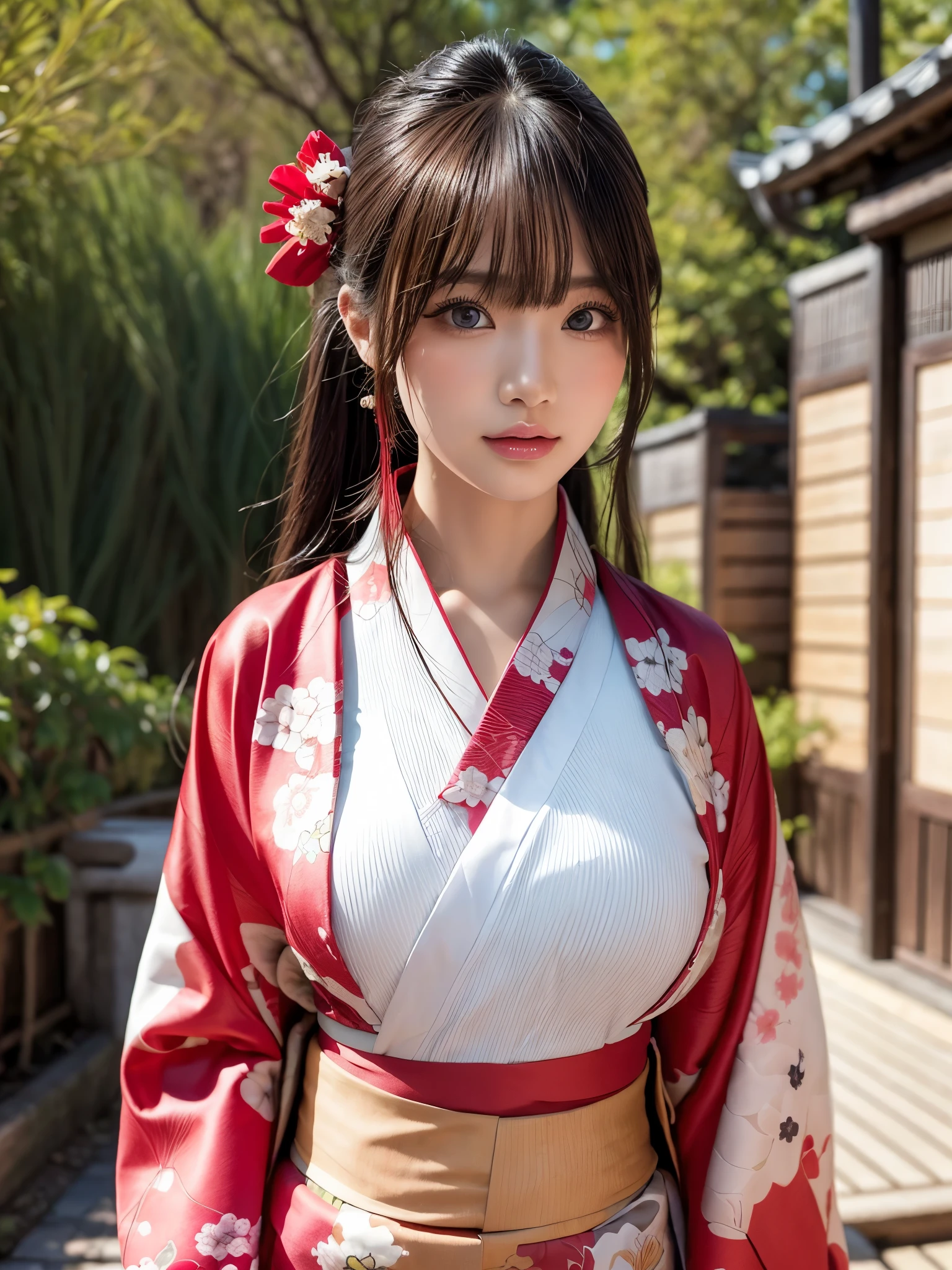 (masterpiece, Highest quality, Realistic, High resolution, photograph, :1.3), Sharp focus, 1 Cute Japanese, Hot Model, Highly detailed eyes and pupils, Realistic Skin, Highly detailed hair, Delicate face, Sensual look, Bright lips, Natural Lip, ((whole bodyショット)), Standing pose, smile, (kimono:1.5), (Floral), ((sash)), ((heart)), outside of home, (Japanese Style Country), whole body,