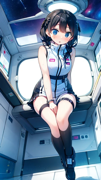 (Highest quality), (masterpiece), 1080P, High resolution, 4K, 8k, Inside the space station、Futuristic room、Thigh straps, Shooting from directly below, The woman on top of me, 白いSweat, Covered , Sweat, Woman looking down, Skirt swimsuit, Thigh-high socks, To achieve this, , , whole body, Black leather shoes, Braided hair, Inner Color, Embarrassed face, Short black hair, bracelet, Bedroom,celestial body_Vest