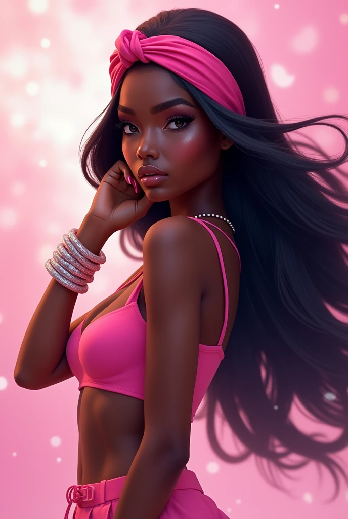 A captivating photographic illustration, a confident and poised young woman with dark skin and flowing black hair. She exudes elegance and sophistication, adorned with a hot pink headband, matching crop top and accessories including bracelets, she looks ready to conquer the day. The background is a harmonious mix of pink and white hues, subtly blurred to highlight the stunning subject. A signature artist, she poses for the photo showcasing her extraordinary artistic style and talent. This piece of concept art is perfect for a vibrant poster or concept piece that embodies feminine power and grace.,3d rendering,concept art,poster,photo,illustration,vibrant,