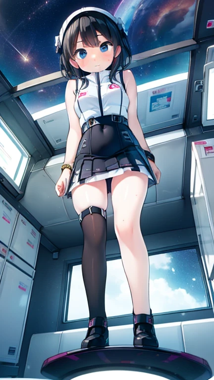(Highest quality), (masterpiece), 1080P, High resolution, 4K, 8k, Inside the space station、Futuristic room、Thigh straps, Shooting from directly below, The woman on top of me, 白いSweat, Covered , Sweat, Woman looking down, Skirt swimsuit, Thigh-high socks, To achieve this, , , whole body, Black leather shoes, Braided hair, Inner Color, Embarrassed face, Short black hair, bracelet, Bedroom,celestial body_Vest