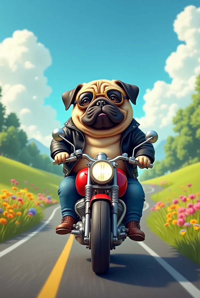 Overweight pug dog riding a motorcycle