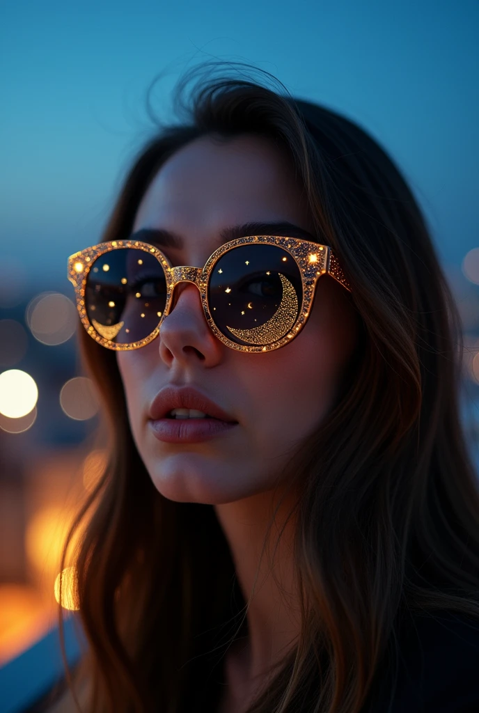 The model is wearing glass sunglasses with stars and the moon on the glass