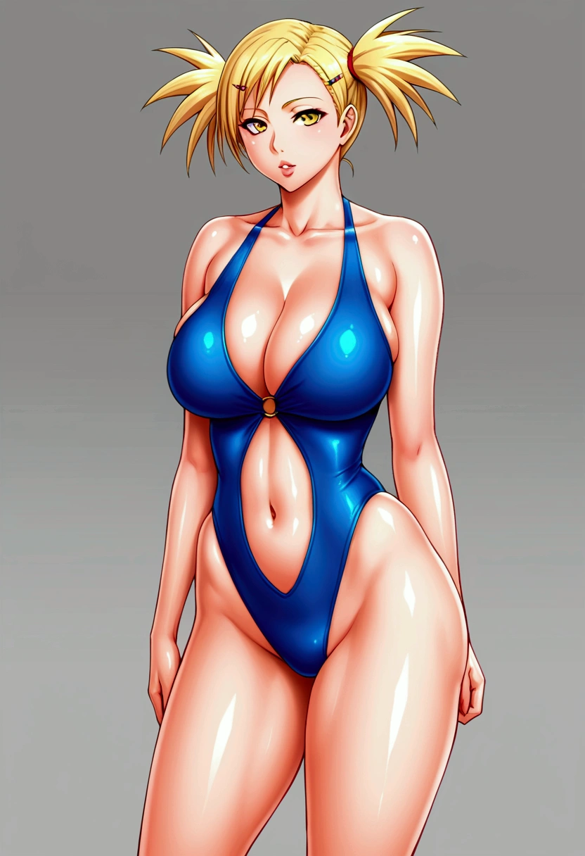 1girl, breasts, solo, blonde_hair, swimsuit, bad_face, yellow_eyes, hairclip, one-piece_swimsuit, hair_ornament, navel, cleavage, highleg, lips, twintails, highleg_swimsuit, large_breasts, thighs, shiny, navel_cutout, pigtails, shiny_skin, bare_shoulders, huge_breasts, parted_lips, skindentation, clothing_cutout, gradient_background, gradient, collarbone, cowboy_shot, standing, blue_one-piece_swimsuit, thick_thighs