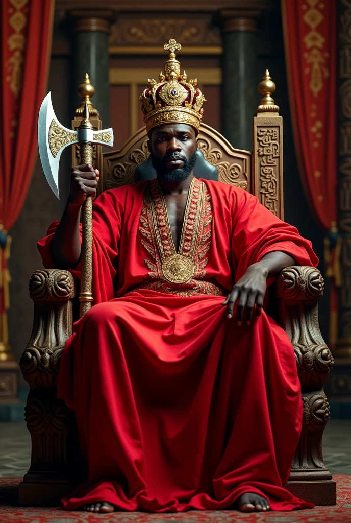 Black man wearing traditional red Yoruba robes, holding a double-bladed axe while sitting on a throne, He wears a crown