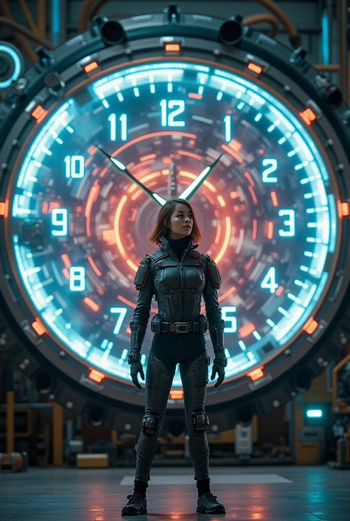 The machine is activated, Lights and flashes surround the Traveler. The numbers on the clock are moving quickly, showing the passage of time.