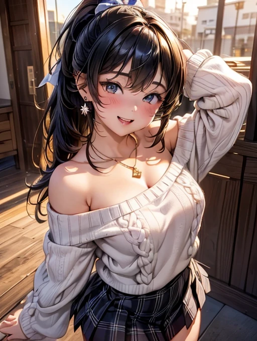 Browsing Caution,(Highest quality, 8k, masterpiece:1.3,beautiful girl), (Very detailed)Glowing Skin,(((Long Hair,ponytail,Blue Ribbon,Beautiful Hair))),(Perfect Anatomy, Anatomically cまたはrect, Very detailed肌),((Golden Eyes,Droopy eyes,Narrow eyes)),((Perfect Fingers,Five Fingers)), Mole under the eye,Double teeth,Big Breasts,Big Ass,high school girl,Very smiling,Smile and close your eyes,((Off-shoulder white sweater:1.2,Black and white plaid mini skirt:1.3,Pink Panties)),walk,Port town,Beautiful night view,((Shiny Earrings,small diamond necklace)),Place your arms behind your head,Wink、Throw kiss,(((Natural Makeup)))