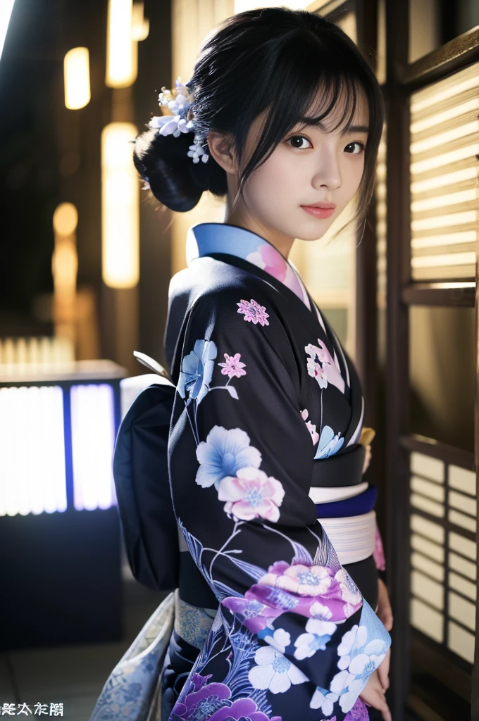 (kimono)、(masterpiece:1.3,Ultra-high resolution,),(Very detailedな,Caustics),(Realistic:1.4,RAW shooting,)超Realisticなキャプチャ,Very detailed,High-resolution 16K to reproduce human skin、The skin texture is natural、Beautiful Skin、The color is also uniform..、Use natural light and color、1 adult female、Japanese、Beautiful woman、Black medium hair、(chromatic aberration) 、Overview lighting、Natural Shading、)、(Night outdoor lighting:1.3)、(It's snowing:1.2)、(Hair swaying in the wind:1.2)、(Reflective Snow:1.2)