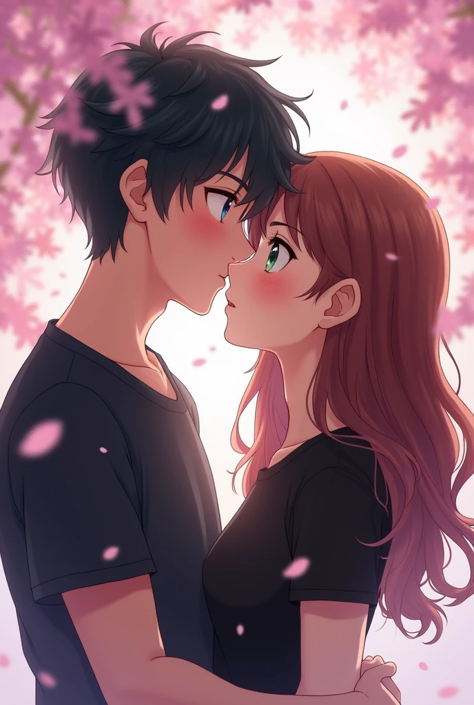 "Create a romantic anime-style image of a 21-year-old boy and a girl, both wearing black t-shirts, sharing a tender kiss. The boy pulls fastly the girl closer, conveying his desire to have a sex and be nearer to her. The scene captures the warmth and affection between them, emphasizing their intimate connection with a soft, dreamy atmosphere."