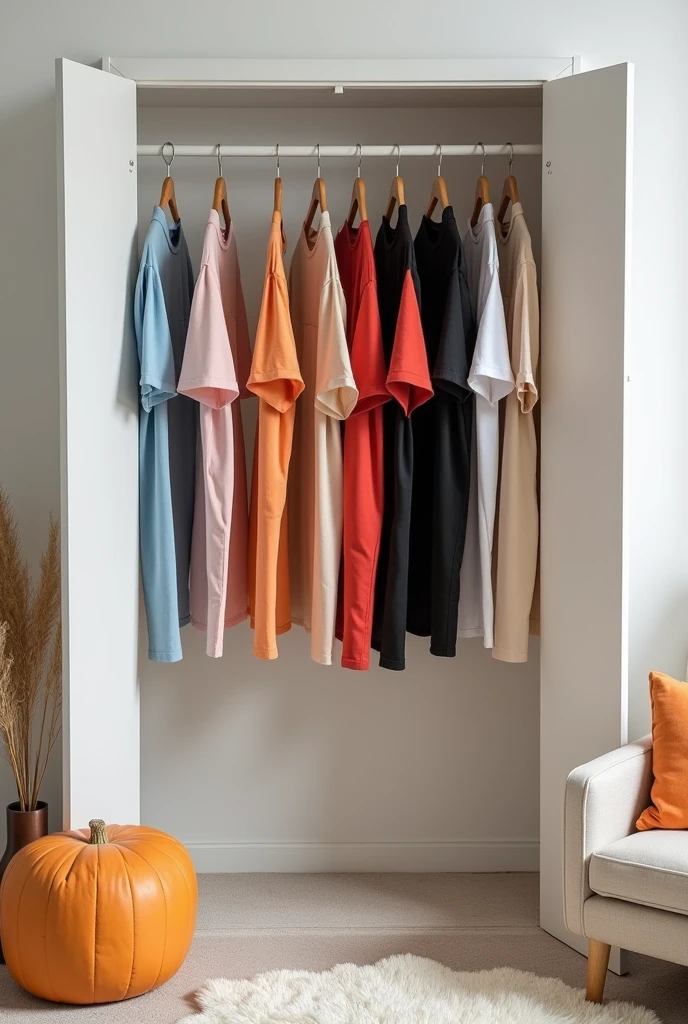 In a comfortable space, For example with a rug, a sofa, but it should be a small space, put an open closet, where on the clothes hooks, there are oversized sets, a place to get out, the colors should be white, beish, negro, red, light blue, light pink and orange, make it comfortable oversized urban clothes, don't wear sweaters or formal clothes, bring the image closer and make it look real, not so elaborate, that mark clothing sets, shirt and shorts, that are not long sleeves and that the image looks close, that it's on a white background and bring the image closer, that it doesn't look far away, that the closet doesn't have a door and the image that is closer