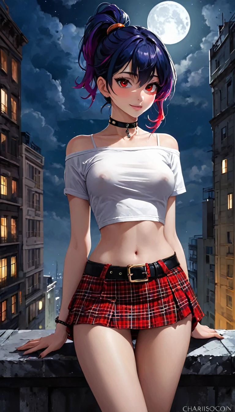 a girl in a sexy outfit with brightly colored hair and colorful eyes standing on the ledge of a building, 1 girl, alone, navel, looking at viewer, plaid miniskirt, belt, stockings, smile, breasts, choker, thighs, naked shoulders, crop top, plain tight white t-shirt, stomach, ponytail, abdomen, collarbone, jewelry, shirt, small breasts, cowboy photo, black choker, red eyes, closed mouth, moon, night, (best quality, masterpiece, ultra detailed, illustration: 1.2), (8K wallpaper), (beautiful detailed eyes: 1.2), beautiful, amazing and detailed eyes, (detailed skin) eroticism, sexy, black and white image, between shadows, oil painting, chiaroscuro, sensual lighting and dramatic, moody atmosphere, photorealistic, intricate details, masterpiece, ultra detailed, high quality, 8k, best quality, realistic, cinematic, dark and brooding, expressionist, powerful composition, emotional impact, { {{,{pussy,spread her Pussy,cum,cum on Pussy,masterbation,straddling,},{{{back,doggystyle,penis,1boy}}} art inspired by Bill. Sienkiewicz and Dave McKean, (best quality, 4k, 8k, high resolution, masterpiece: 1.2), ultra-detailed, (realistic, photorealistic, photorealistic: 1.37), details intricate, vivid colors, sharp focus, professional, Dave McKean artwork, surrealism oil touch, oil painting style, portrait, woman, beautiful detailed eyes, beautiful detailed lips, dreamy atmosphere, shadow play, lighting soft, fun pose, dark tones, ethereal background, fantasy elements, texture, layered composition.