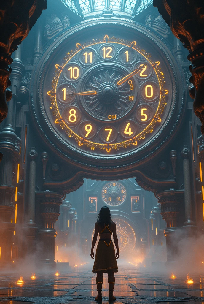 The machine is activated, Lights and flashes surround the Traveler. The numbers on the clock are moving quickly, showing the passage of time.