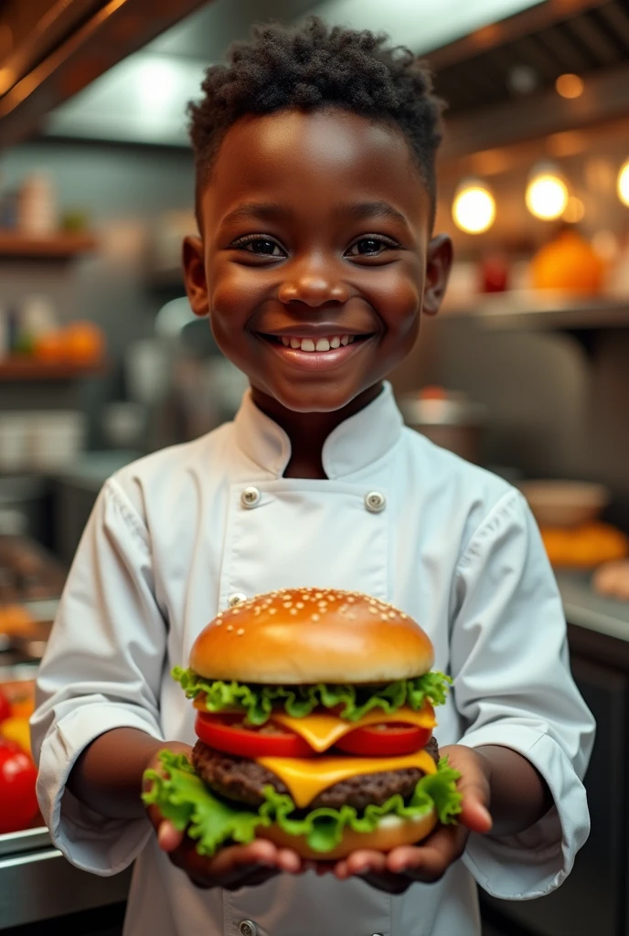 A small black chef holding out a hamburger