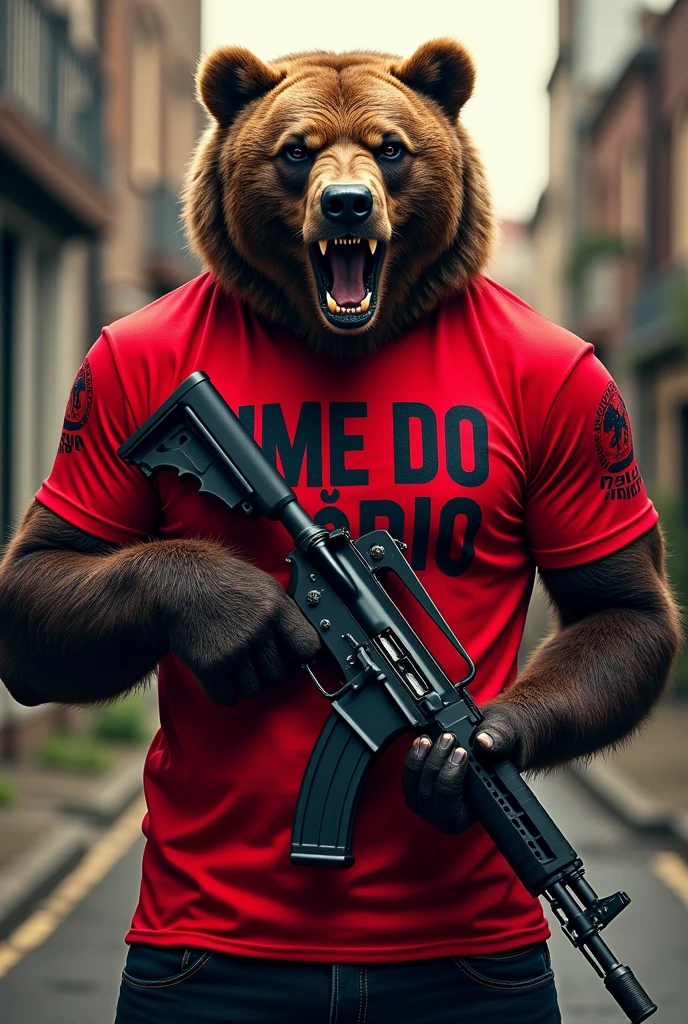 Create a red shirt for an organized team, with a large angry bear printed on it, com uma Ak-47, written HATE TEAM in Portuguese 
