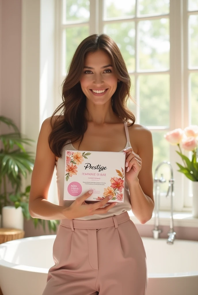 Create an advertisement of a woman holding a package of feminine hygiene product with the brand prestige