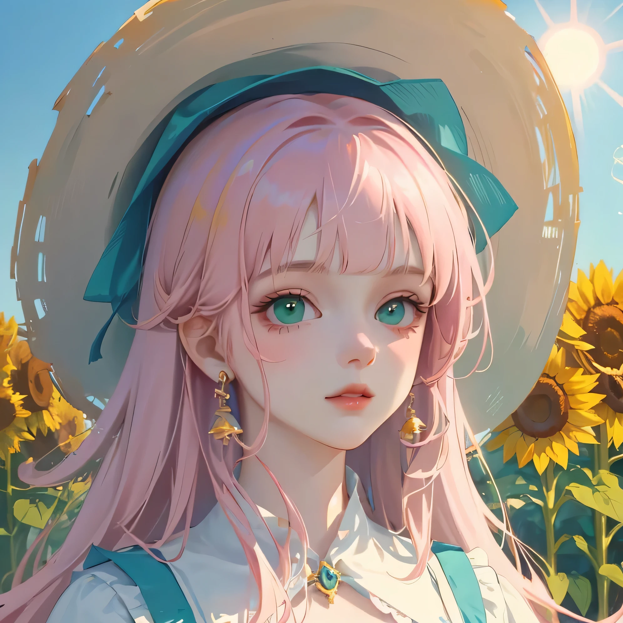 (high quality) (Best Quality) (Una women) (correct physiognomy) (perfect students) (Perfect eyes) women, pink hair with bangs on the forehead, eyes with heterochromia, one green eye and the other golden, sensitive lips, feminine appearance, soft facial features, thin eyebrows, soft skin, rosy cheeks, pink lips, silky eyelashes, dreamy expression, Middle age, youth clothing, Lolita style dress with a matching Lolita style hat on her head, all in yellow, photo illuminated by sunlight,in a field of sunflowers