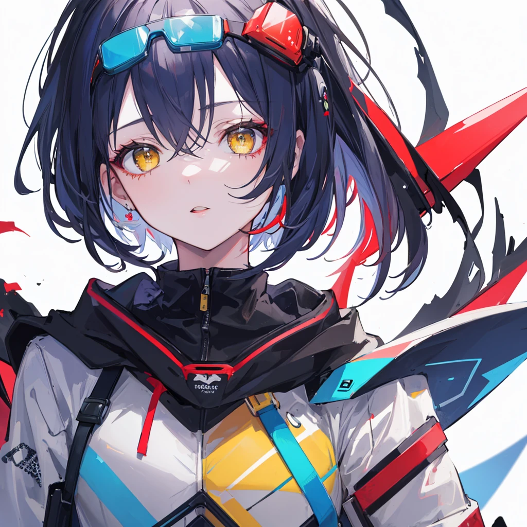 ((Highest quality)), ((masterpiece)), (detailed), ((Highest quality)), ((masterpiece)), (detailed), 1 girl, sexly, yellow eyes, short hair, whole body, Portrait of a stylish 20 yo woman software engineer, ((with smart goggles)), white Futuristic clothing with blue and red accent colors, hoodie, simple background