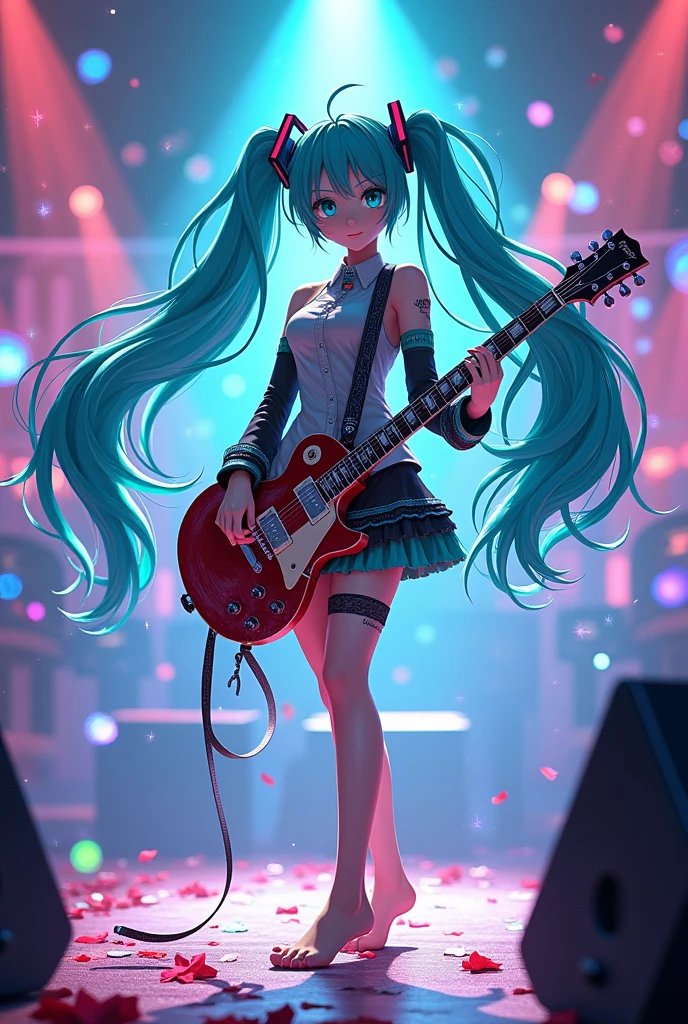 hatsune miku perfect, barefoot, focus on his electric guitar, add visual kei style, animated style