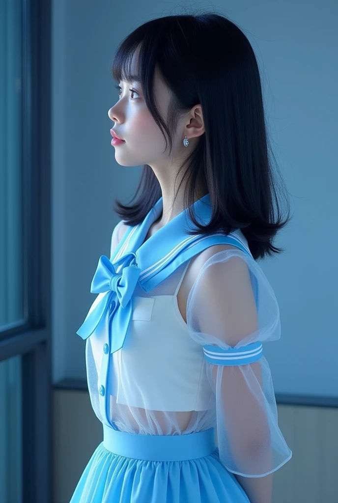 Long shot profile portrait photo of a beautiful cute girl, black medium straight hair, Japanese junior idol, , 50mm portrait, peformimg on single stage lighting, Top: light blue sweet collar, front button closure, (see through:1.5), light blue solid skirt and Matching Bow Tie, blue and white shoe