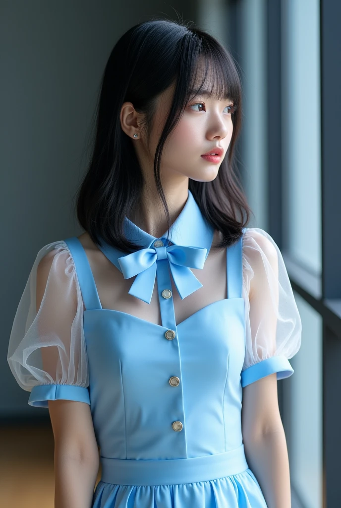 Long shot profile portrait photo of a beautiful cute girl, black medium straight hair, Japanese junior idol, , 50mm portrait, peformimg on single stage lighting, Top: light blue sweet collar, front button closure, (see through:1.5), light blue solid skirt and Matching Bow Tie, blue and white shoe
