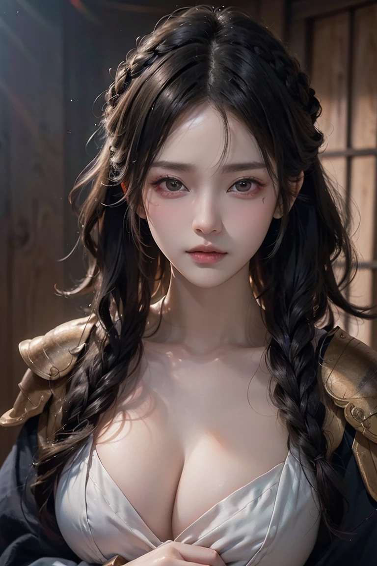 (masterpiece:1.3, Highest quality, Ultra-high resolution, Very detailed), (Realistic, photoRealistic:1.4), Perfect lighting, colorful, Written boundary depth, Browsing Caution, Surrealism,Beautiful detailsまでこだわった髪, Beautifully detailed face, Beautiful details, Perfect Face, Perfect Anatomy, Long necked supermodel,((Skinny 1.3)),Looking into the camera,(Perfect Anatomy),((beautiful girl:1.1)),(( Large Breasts: 1.3 )),(Medium Hair:1.2, Wavy Hair:1.2, Black Hair) ,Dainty facial structure、Sengoku period、battlefield、battle、Female Samurai、Maid、armor、Battle attire、Japanese sword、Sword in both hands