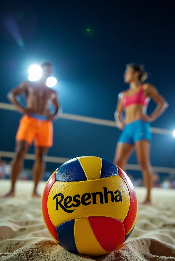 Beach volleyball. The ball is in front, normal people, man and woman behind. The players are at the Olympics. It's night and they're in uniform, bermuda shorts and tank top, the brand of the ball is Resenha. The image focuses on the ball and the Resenha brand.. Review is written in metallic gold. I need more highlight for the ball.