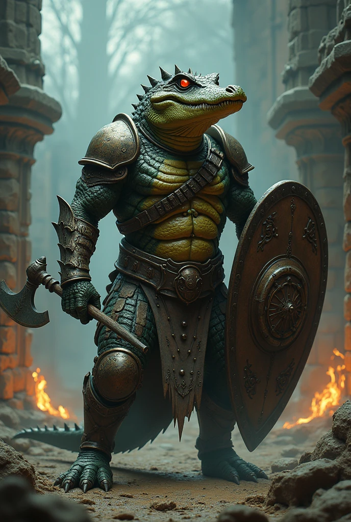 Humanoid alligator with red eyes and heavy armor with a shield in one hand and a Pickaxe in the other