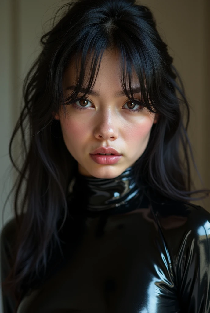 school girl, 20 years, Shiny black PVC catsuit, wet clothes, Cum on face, shaped body, round ass, pert ass, muscular ass, showing the anal opening, showing open anus, black fur, innocent look, biting your lip, showing ass, Three quarter view, Looking at the observer, High Definition, 4k, masterpiece, high quality, detailed face, detailed eyes, man penetrating woman anally, orgy, expression of pain, expression of humiliation
