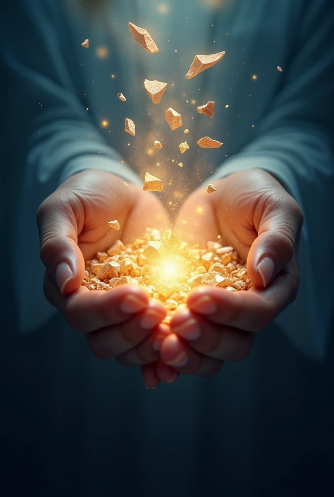 Generate a 9:16 high resolution image depicting God's hands restoring a broken piece. With a soft golden glow emanating from the hands, on a deep blue background with flashes of sunrise light