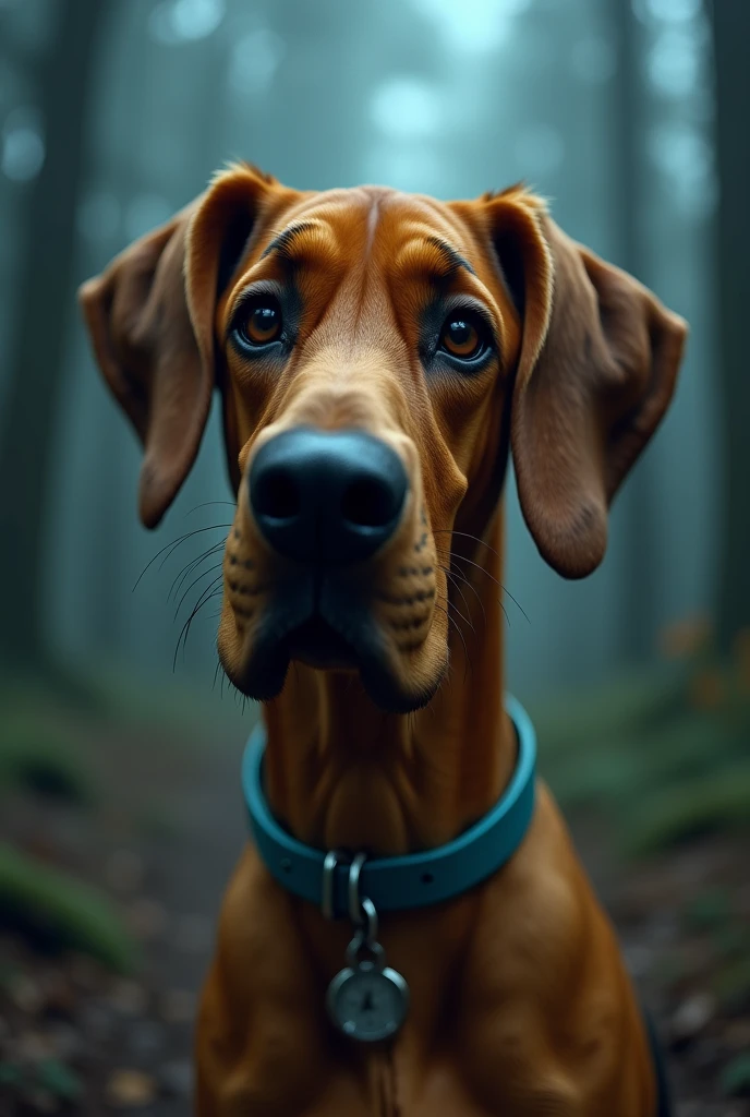 Here's a detailed prompt to generate a hyper-realistic 8k cinematic image of the character Scooby-Doo:
"Create a hyper-realistic 8k cinematic image of Scooby-Doo, the iconic Great Dane from the beloved cartoon series. Emphasize his distinctive features: his light brown fur with darker spots, his expressive, large, round eyes that convey a mix of curiosity and caution, his black nose, and the small, blue diamond-shaped tag with 'SD' on his collar. Capture the texture of his fur, the subtle wrinkles around his face, and the playful yet slightly anxious expression that defines his character. The background should evoke a sense of mystery, perhaps a dimly lit, foggy forest or a spooky, old mansion, staying true to the original vibe of Scooby-Doo's adventures."