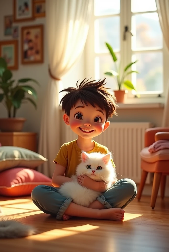 A boy with a fringe and a long neck sitting on the floor of his house with a smile as he strokes his small white cat, fur falling from it. 