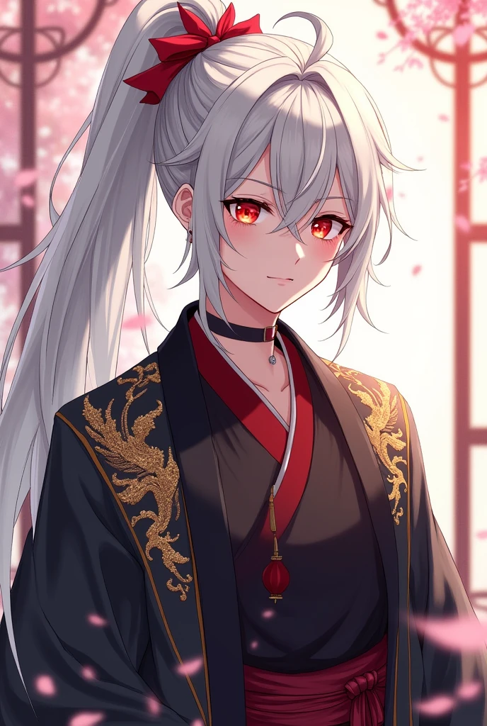  a portrait of an androgynous character with long, silver-white hair, hairstyle in a high ponytail, tied with a red ribbon. with loose locks. His eyes are a deep red, full of confidence with a touch of mischief, wears an Asian-inspired outfit, Composed of a black tunic with gold embroidered details and a dark red undergarment that contrasts with the outer layer. The design of the suit has a traditional feel but with a modern style.