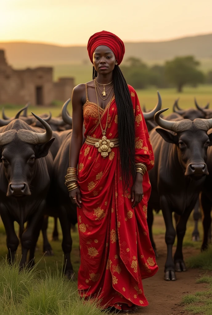 Black woman wearing traditional red Yoruba clothing, tending to her herd of buffalo in an ancient kingdom now located in Nigeria 