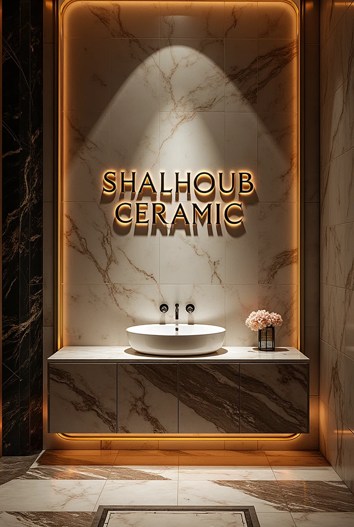 Write “SHALHOUB CERAMIC” on the wall and around it luxury tiles, Marble, granite and basins.