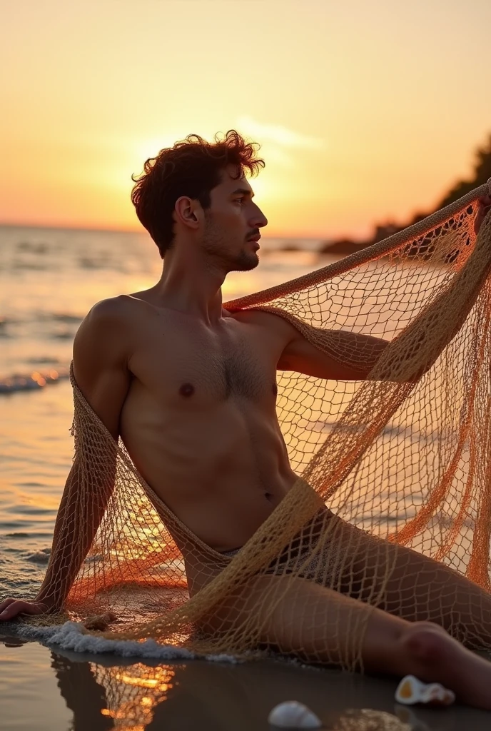 desnudo/fully desnudo man in a gold fishing net