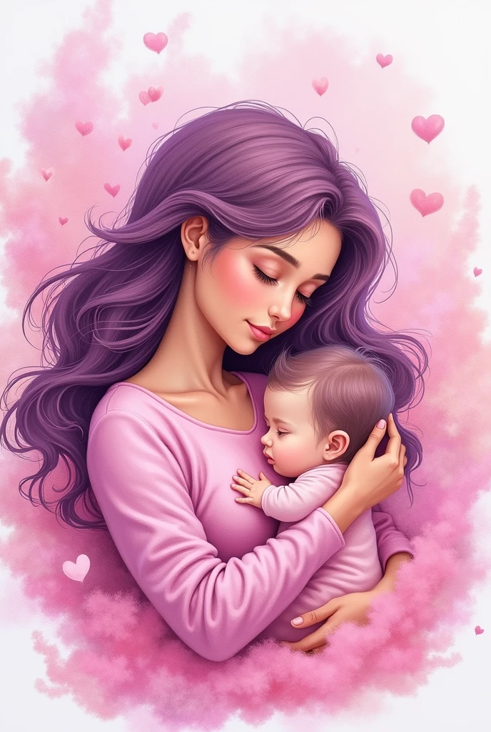 Non-realistic drawing of a mother breastfeeding her  with pink and purple tones
