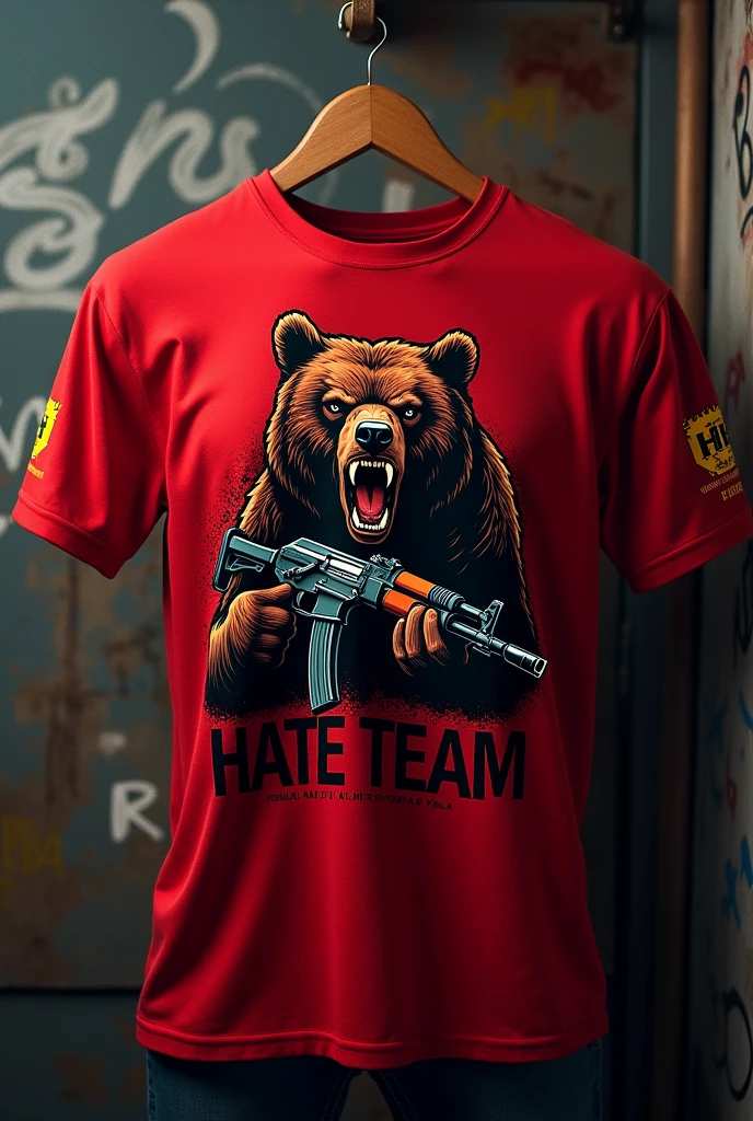 Create a red shirt for an organized team, with a large angry bear printed on it, com uma Ak-47, written HATE TEAM in Portuguese 
