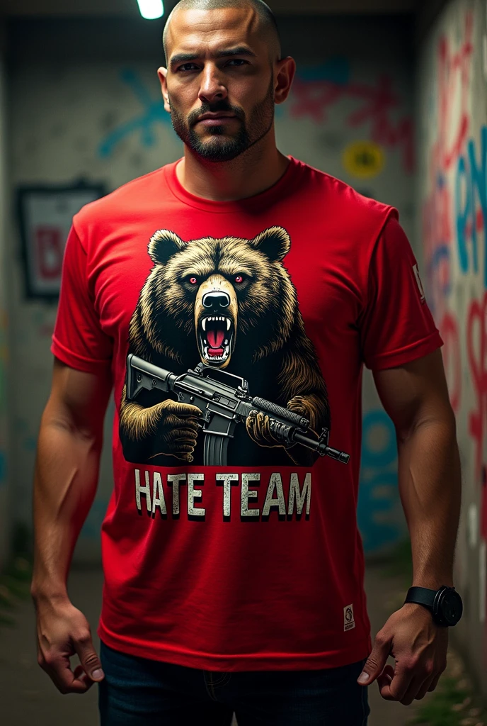 Create a red shirt for an organized team, with a large angry bear printed on it, com uma Ak-47, written HATE TEAM in Portuguese