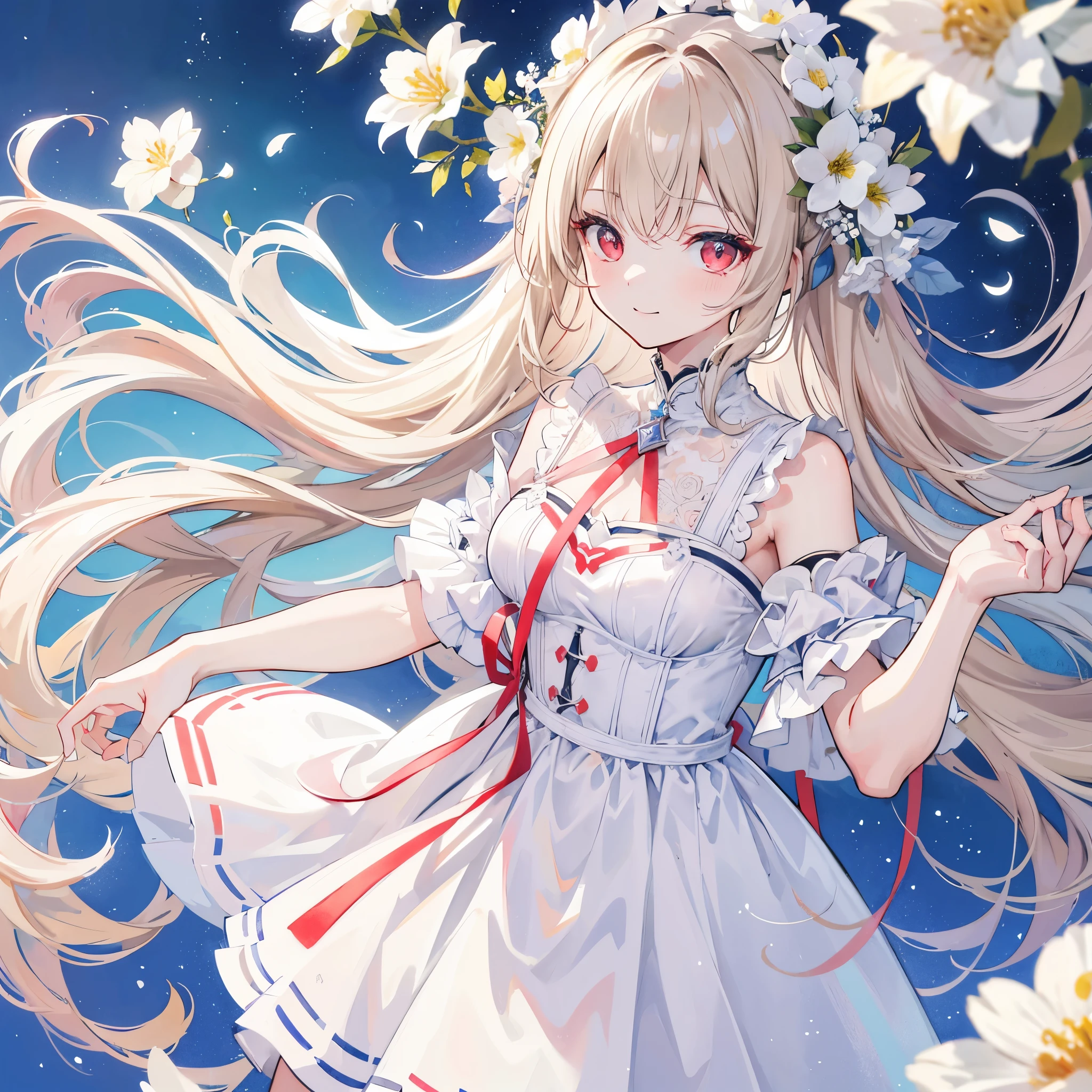 High resolution, One person, solo, Long Hair, Red eyes,Beige hair,
Highest quality, masterpiece, High-resolution model, Long Hair, Shiny Hair, Sparkling eyes, Lonely, smile, disposal、watercolor、Light color scheme、White dress、Simple Background, Close-up, Part of the picture goes outside the frame, Lots of white space, watercolor画,White flower