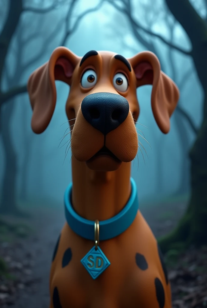 Here's a detailed prompt to generate a hyper-realistic 8k cinematic image of the character Scooby-Doo:
"Create a hyper-realistic 8k cinematic image of Scooby-Doo, the iconic Great Dane from the beloved cartoon series. Emphasize his distinctive features: his light brown fur with darker spots, his expressive, large, round eyes that convey a mix of curiosity and caution, his black nose, and the small, blue diamond-shaped tag with 'SD' on his collar. Capture the texture of his fur, the subtle wrinkles around his face, and the playful yet slightly anxious expression that defines his character. The background should evoke a sense of mystery, perhaps a dimly lit, foggy forest or a spooky, old mansion, staying true to the original vibe of Scooby-Doo's adventures."