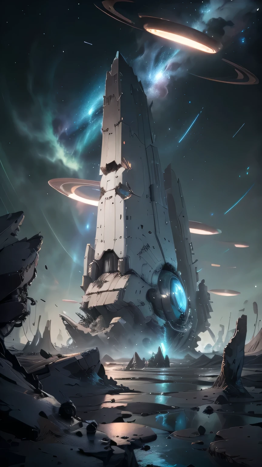Highest quality, (masterpiece), Very detailed, (Illustrations for novels:1.2), (Korean webtoon style:1.2), (Bold Line), (High resolution:1.2), Dramatic Light, One Girl,Flat Chest，Young face，Young body， observatory, looking at space through long Telescope, space, shooting star, thin lines amidst the planets, Look up, Beautiful Face, gear，Fantasy，On a different planet，A massive and beautiful spaceship stands still.，The spaceship is broken，Outside the spacecraft, There are a lot of wrecked spaceships，Expansiveness，Great details，Cinema lenses，Wide-angle composition，Hazy，A starry sky，Indian mythology，laser，Aurora，Shattered rocks fly everywhere.，Fantasy、another world、Starry Sky、3 months、Two Saturns、shooting star、milky way、Multicolored clouds、another world、Expansive ocean、Big waterfall、Countless islands floating in the sky々、Vast views、Wide-angle lens、A view looking down from a high hill. Realistic blurred background. 4K Full HD 60 FPS、Realistic lighting