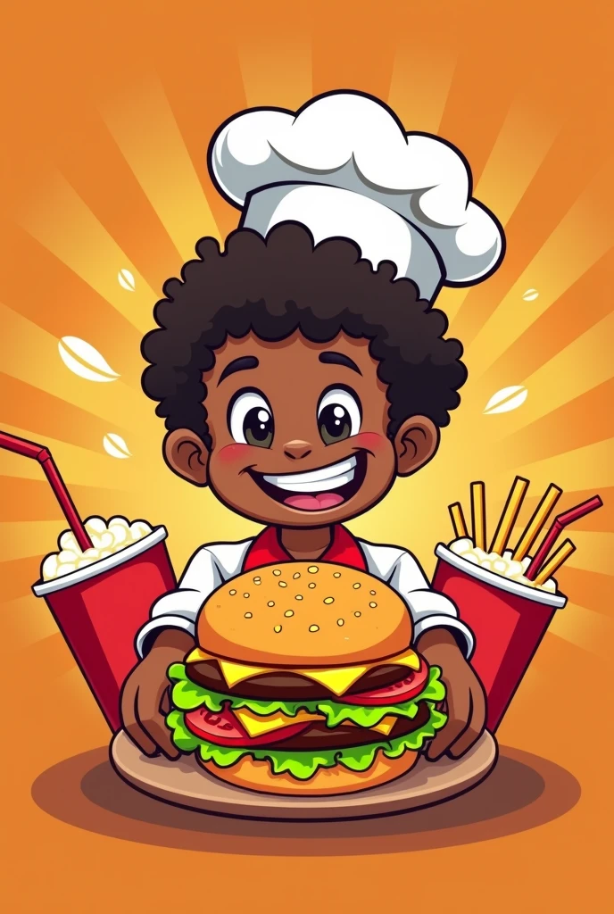A small, dark-skinned chef holding out a hamburger for a fast food logo