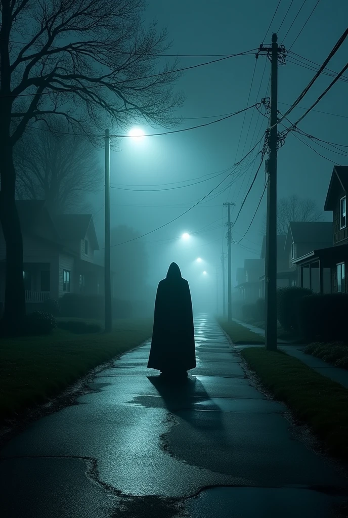 A deserted street at night, illuminated only by a single street lamp casting long, distorted shadows on the ground. No fundo, a cloaked figure, partially obscured by the darkness, Watching from afar, immobile. The windows of the surrounding houses are closed, but one has a faint sliver of light coming from it, suggesting someone is watching. The thick fog floats across the ground, criando uma atmosfera inquietante, and the silence is broken only by the distant sound of footsteps, echoing down the empty street.