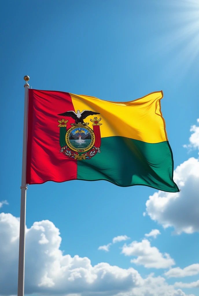 Bolivian flag with realistic coat of arms
flapping in a blue sky