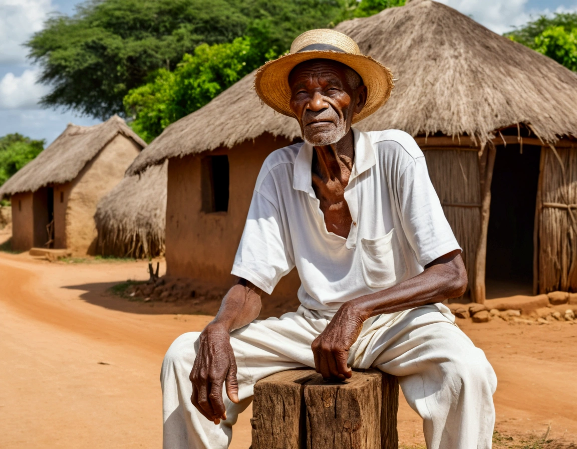 Beautiful Landscape of a Village in Africa, typical native houses, 8k reality, a black man, 85 years old, Whole body, He is sitting on a wooden block, He has a cane in his right hand, perfect anatomy, old straw hat, white t-shirt and pants, nice face,